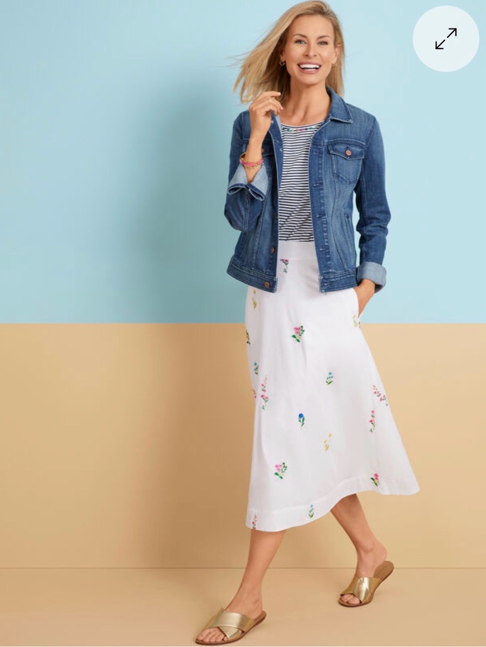 Talbots White Midi Skirt with Multicolor Floral Embroidery